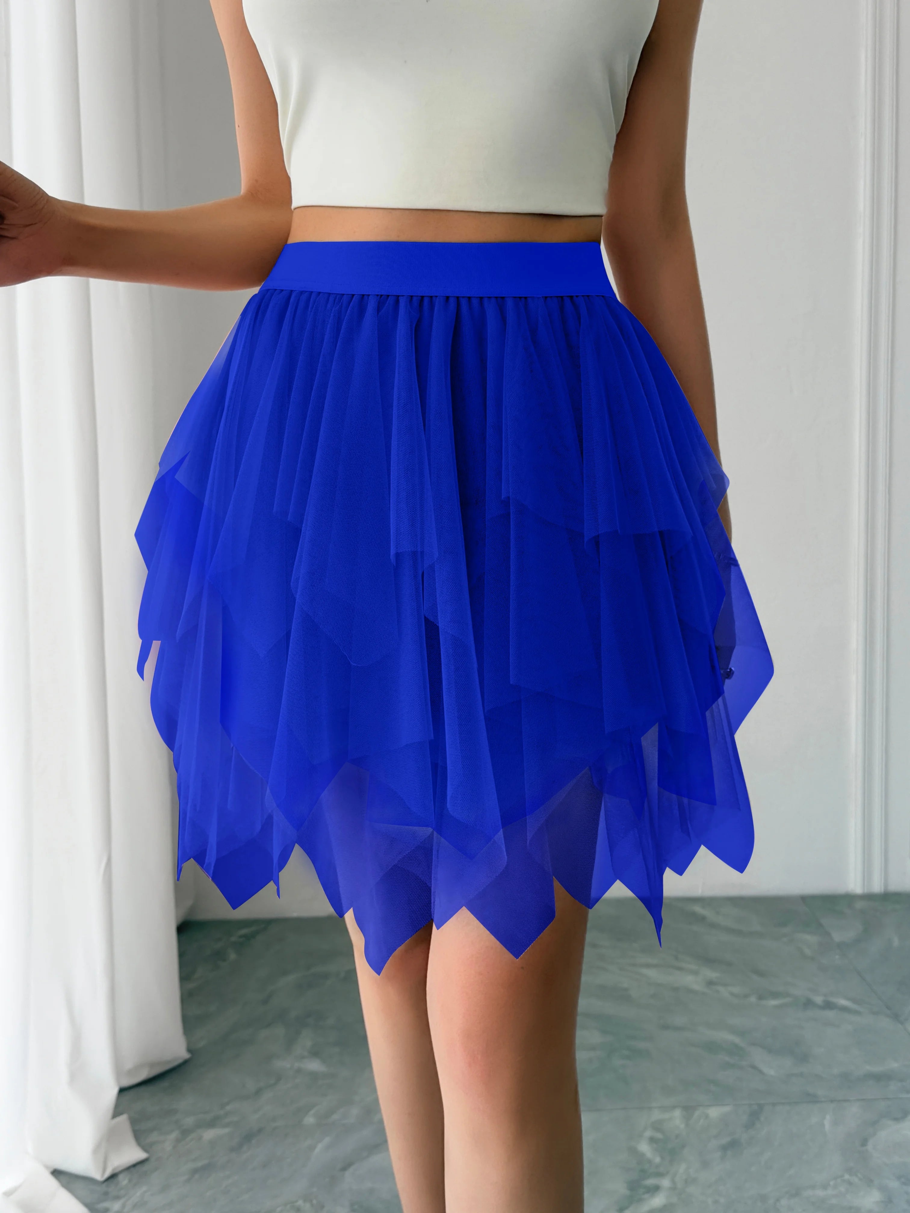 Women's mid waist chiffon mini skirt summer casual asymmetrical hem layered ruffle A-line skirt holiday sweet fairy skirt
