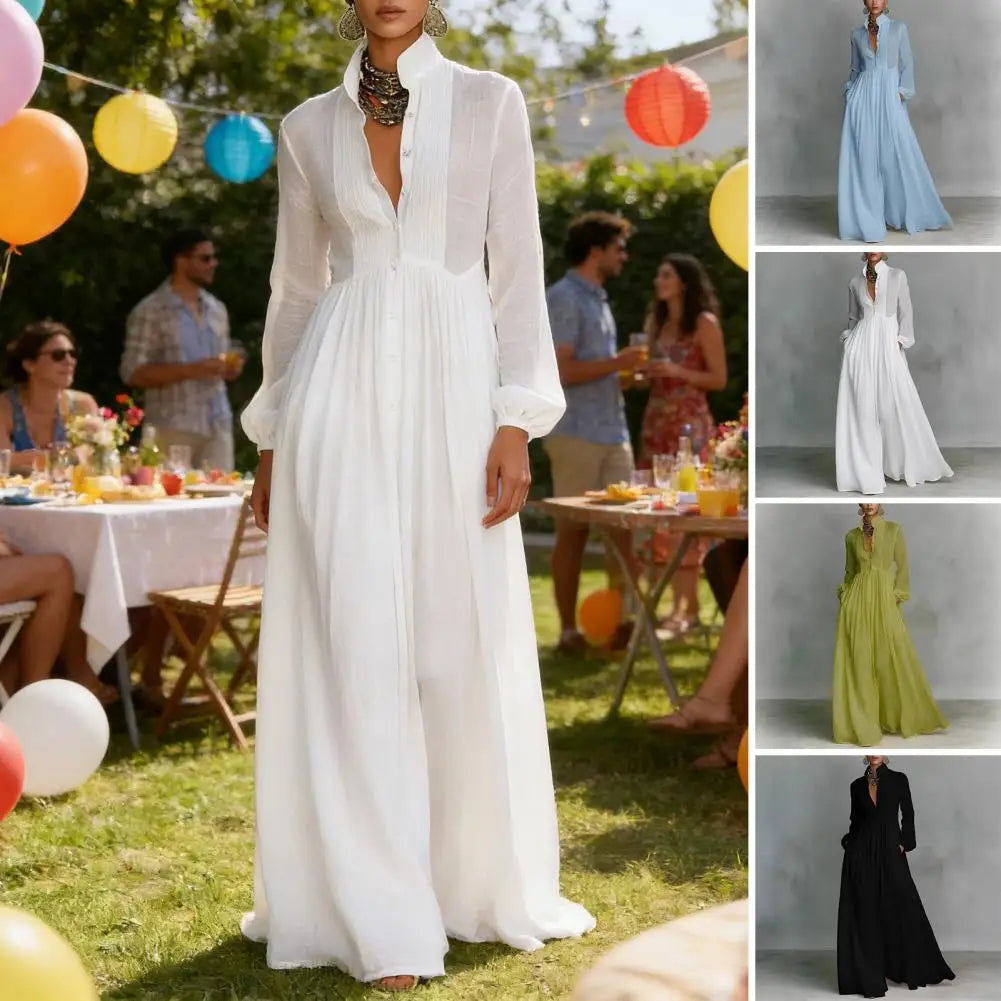 French Elegant High Waist Swing Long Dress Woman Spring Solid Pockets Pleated Maxi Dress Autumn Long Sleeve Button Evening Dress