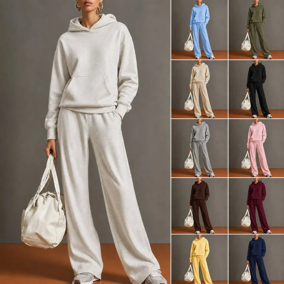 Autumn Fashion Warm Hoodie Sweatshirts Two Pieces Over Sized Solid Casual Hood Pullovers Long Pant Sets Women's Tracksuit Suit