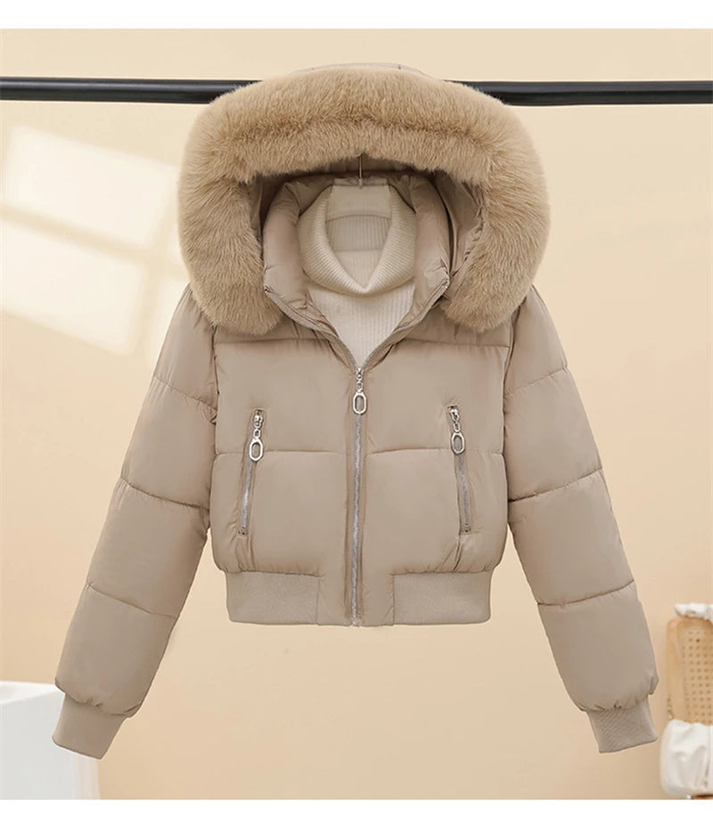 Short Cotton Jackets Long Sleeve Loose Hooded Short Women's Parka Coats Big Fur Collar Winter Down Cotton Padded Coats 2025 New