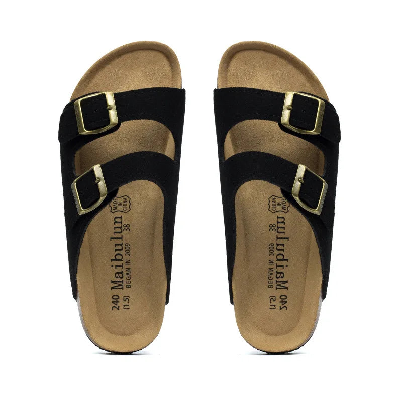 Nubuck Women Cork Slippers Summer Mule Clogs Flats Sandals Slides Casual Beach Couple Double Buckle Soft Shoes Footwear Big Size
