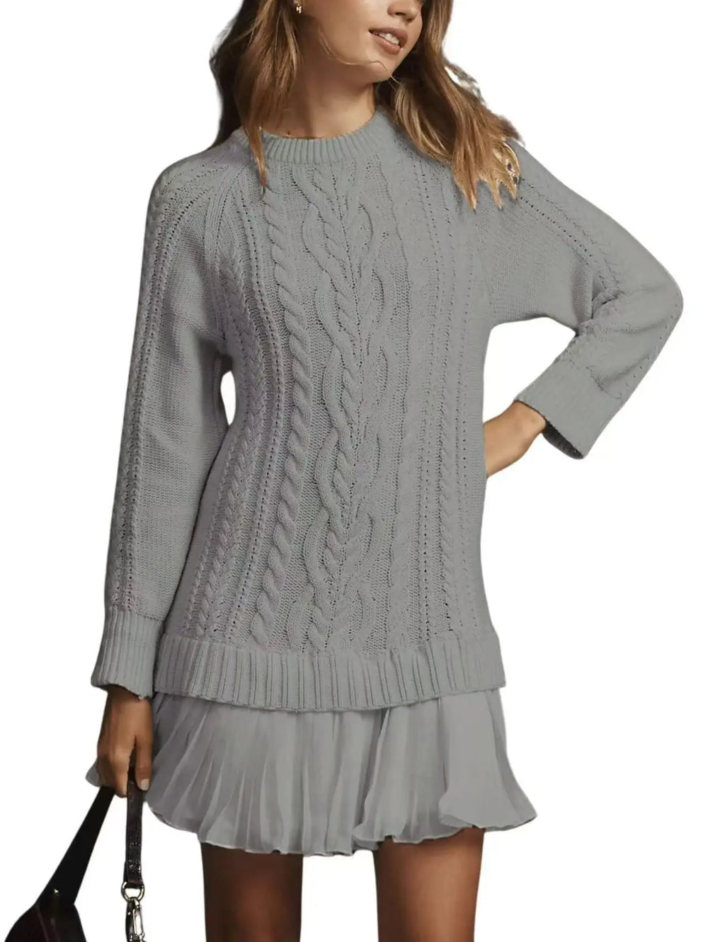 2025 Winter Long Sleeve Twist Knitted Sweater Dress Woman Ruffle Chiffon Pleated Dresses Fall Solid Warm A-Line Pullover Dress