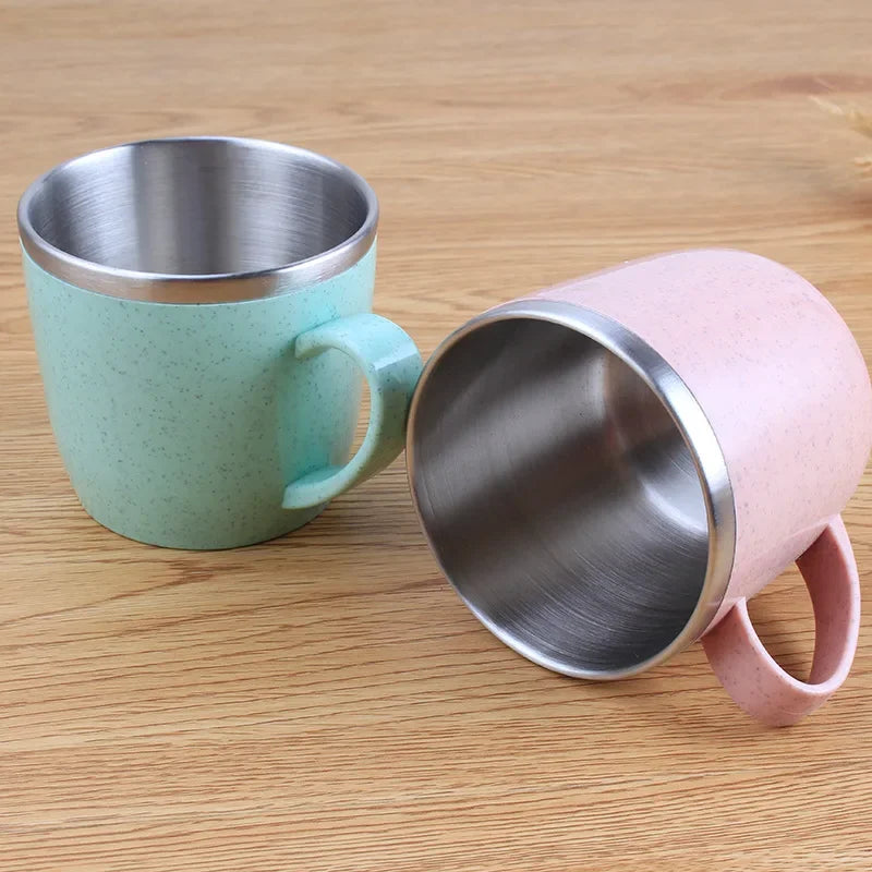Double Layer Stainless Steel Water Cup Anti-scalding Coffee Milk Mug Tea Drinks Water Cups with Plastic Handle Office Tumbler