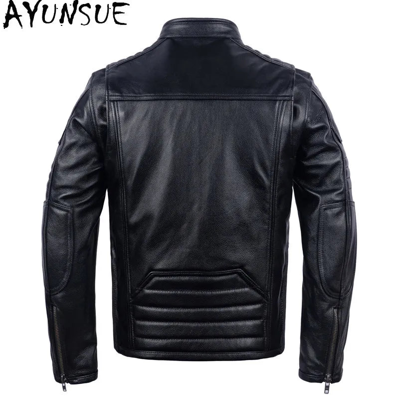 AYUNSUE Pure Cowhide Men Leather Jacket Fashion Stand Collar Short 100% Genuine Cow Leather Real Jacket Slim-fit Motorcycle Wear