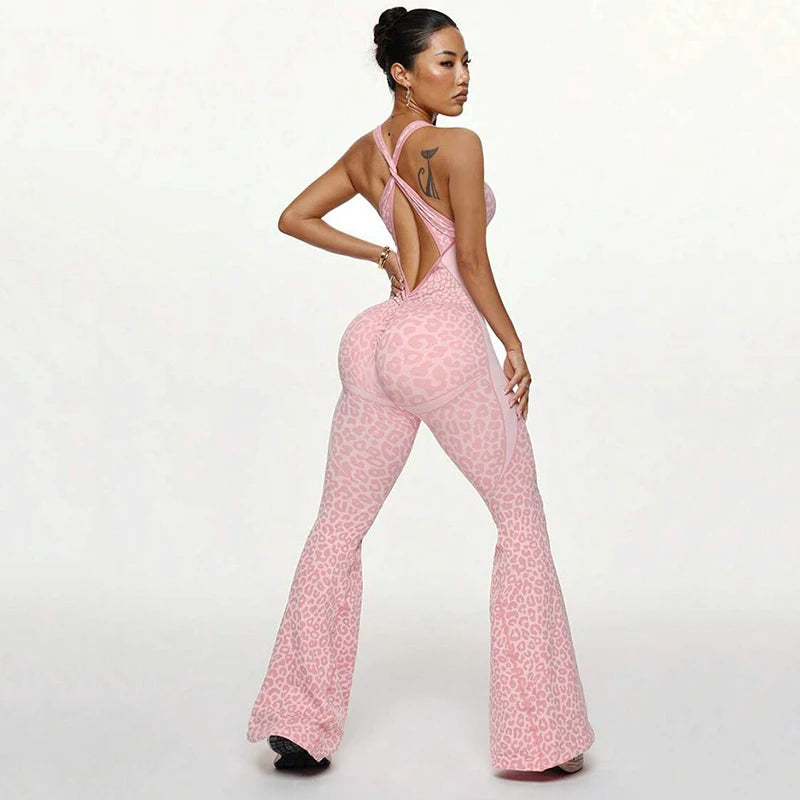 Sexy Backless Leopard Print Jumpsuit Women Slim Hip Lifting Sports Yoga Wear Flared Pants Sports Woman One-Piece Tracksuits Lady