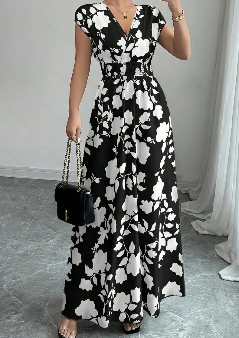 2026 Women's New Fashion Casual Daily Comfortable Elegant Lace-up Floral Print V-neck Short Sleeve Waist Women's Long Dress