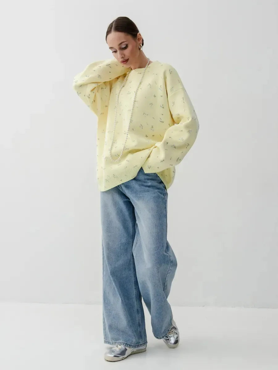 Women's Cream White Floral Print Longline Knit Sweater Crew Neck Relaxed Fit Cardigan with Flowers Fall Winter Boho Chic