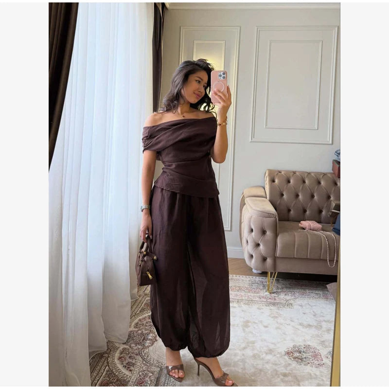 Solid One Shoulder Top Lantern Pants Set Women Chic Cotton Linen T-shirt Wide-leg Pants Suit Elegant Lady Summer Daily Outfits
