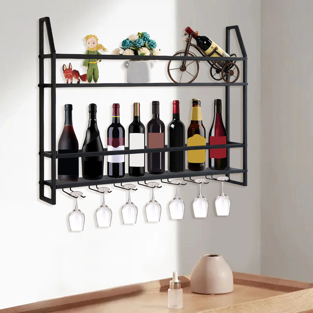 Wall Mounted Wine Rack Glass Holder 12 Bottles 7 Goblet Metal Shelf 2 Layer for Home Bar, 80cm Black