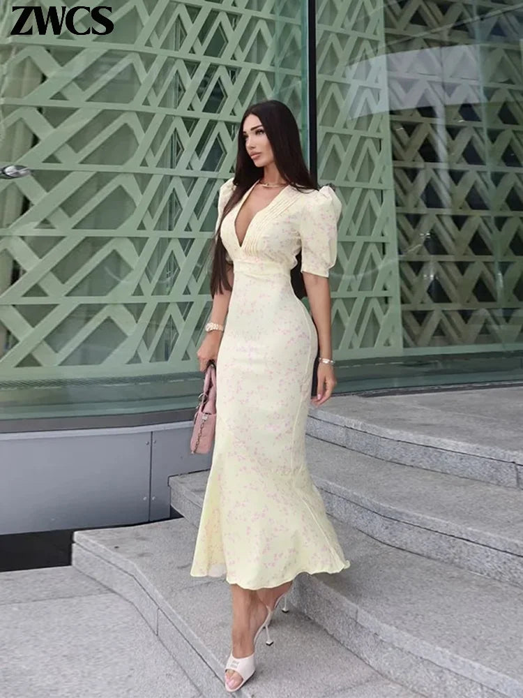 Sexy Deep V-neck Women's Floral Print Dresses 2026 Summer Elegant Waist-cinching Short Sleeve Pleated Long Robes Ladies Dress