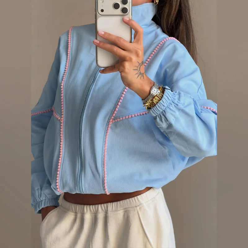 Polka Dot Cropped Windbreaker Jacket, Contrast Pink Seam Piping Side Pockets Loose Outerwear 2026 Autumn Street Daily Lady Coat