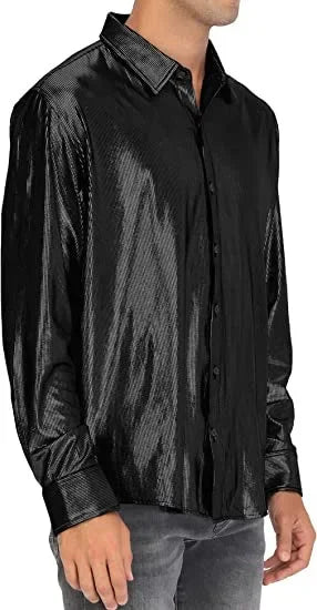 Metallic Shiny Polyester Dress Shirts for Men Black Solid Gold Red Silver Long Sleeve Turn Down Collar Prom Disco Men's Shirt