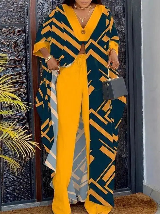2 Piece Sets Women Print Suit Top Long Robe Wide Leg Pants Outfits Elastic Waist Lace Up Button V Neck Ensemble 2025 Office Lady