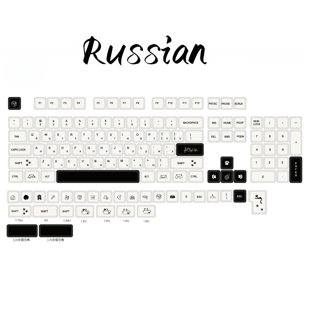 Strange Cat Cute Keycap English/Russian/Korean PBT MOA Minimalist Black and White Keycaps Lovely Kitten Mechanical Keyboard Caps