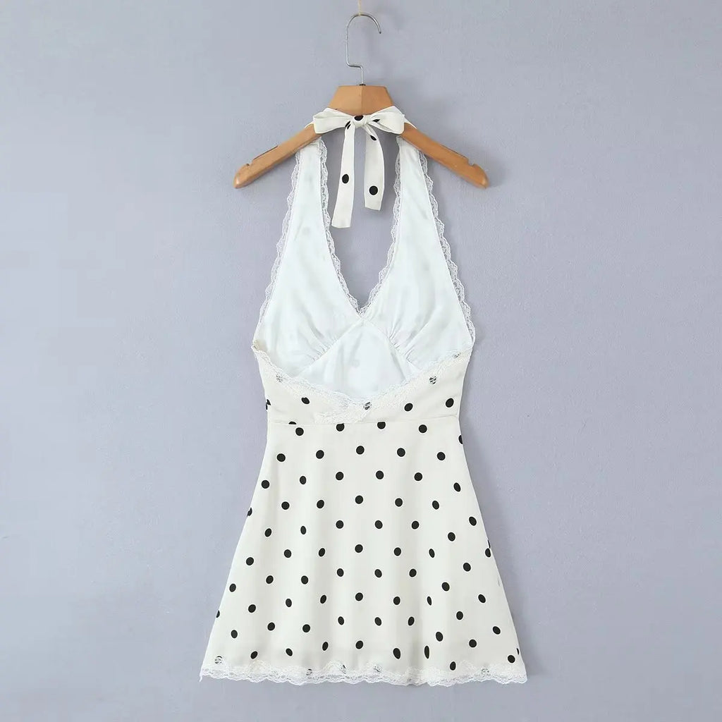 YENKYE Lace Spliced Polka Dot Halter Dress Women Elegant A-line Mini Sexy Backless Dresses Summer Robe 2025