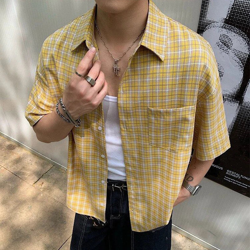 2025 Summer Stylish Short Sleeve Shirt Men's Streetwear Vintage Button-up Turn-down Collar Shirts Trendy Men Plaid Printed Shirt