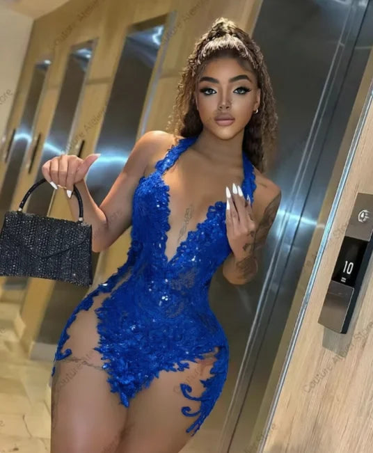 Sexy Black Halter Short Prom Dresses Black Girls Beads Rhinestones She – URBANCREW CO