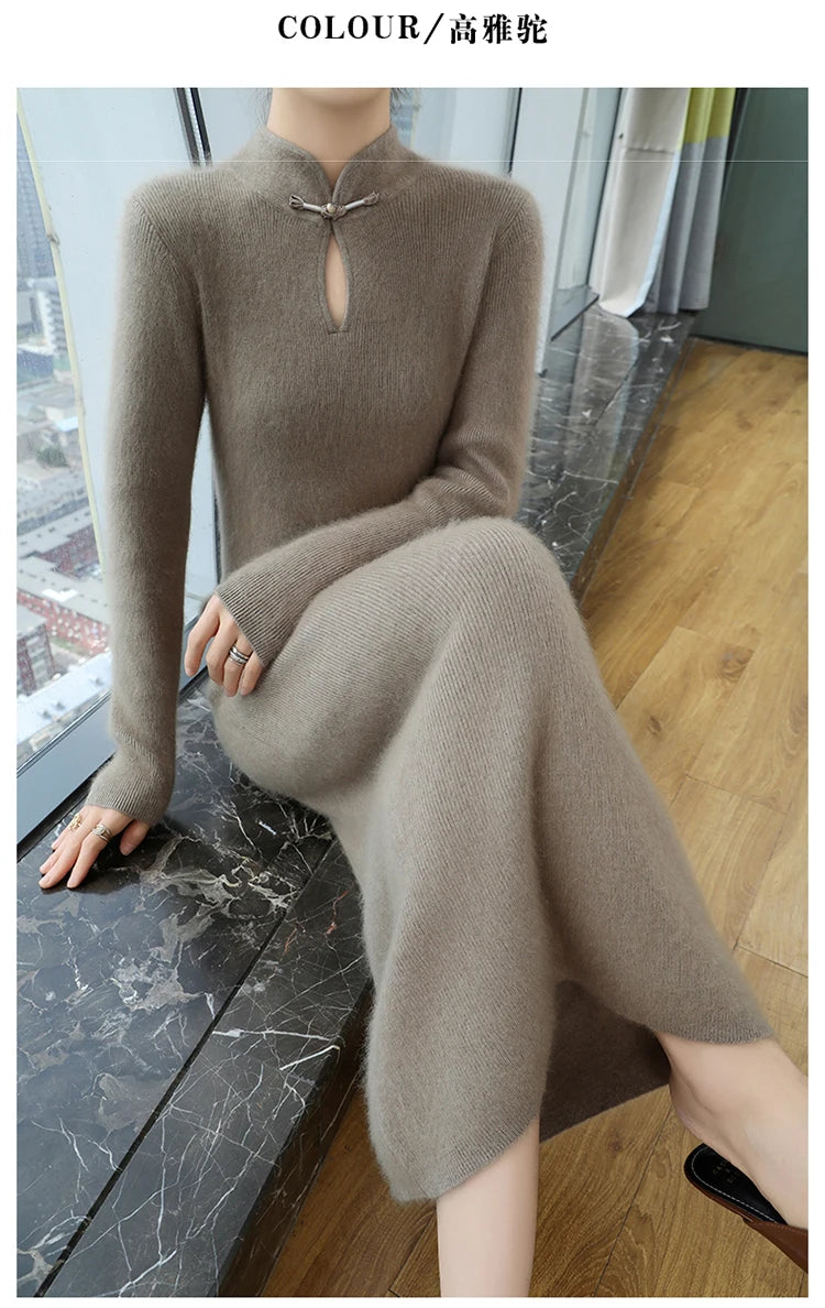 Women' 100%Pure Mink Cashmere Dress Stand-Up Collar Buckle Slim Knit Long Skirt Fashion High Waist Over The Knee Bottoming Dress