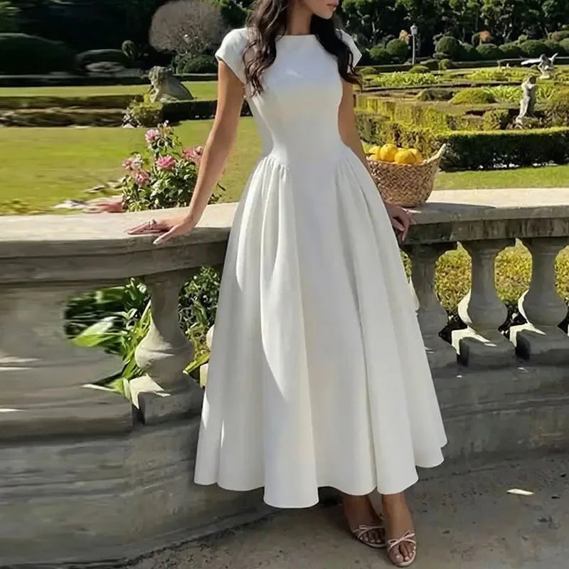 Chic Elegant Backless Slim A-Line Dress Trendy Solid Short Sleeved Splice Dress Temperament O-Neck High Waist Banquet Evening Dr