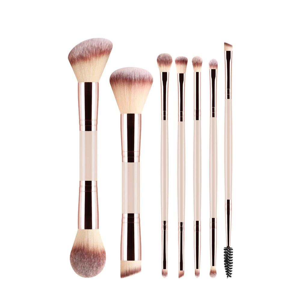 7 double-ended makeup brushes, loose powder brush, foundation brush, eyeshadow brush, eyebrow brush, soft hair beauty tool.