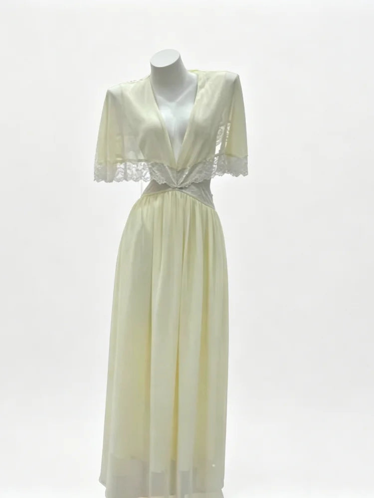 Lightweight Chiffon V-Neck Lace Insert Waist Maxi Dress Cutout Puff Sleeve 2026 Summer Women Party Dress Trendy Chic Lady Outfit
