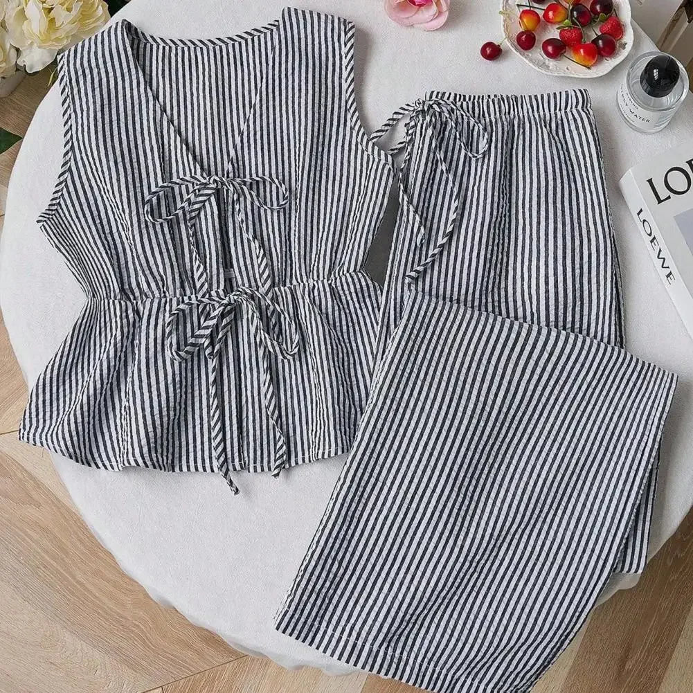 Women's Striped 2 Piece Outfits Tie Front Ruffle Tank Top Loose Fit Women Suit Summer Casual Sleeveless Lounge Sets
