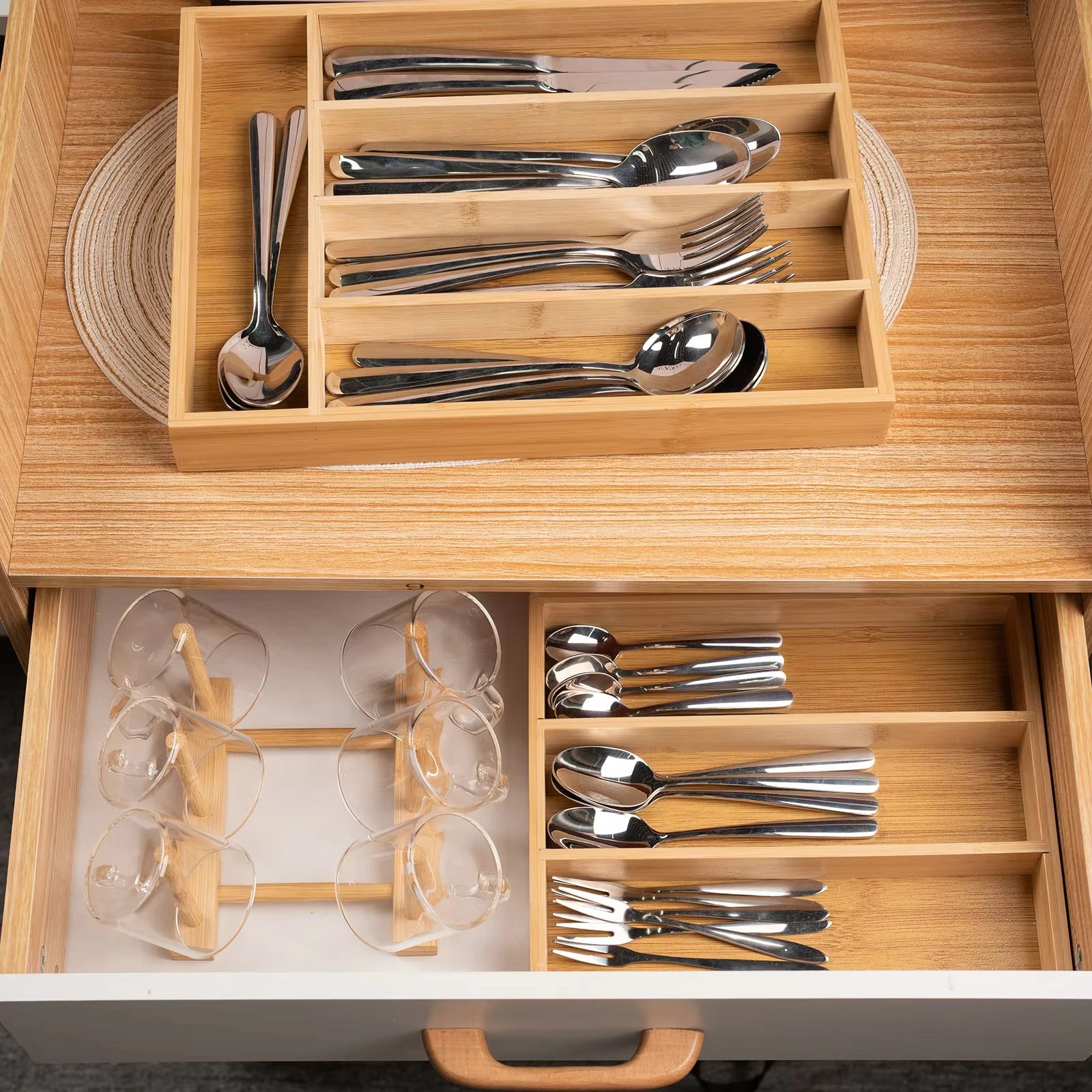 3-grid Bamboo Kitchen Drawer Organizer Knife Box Bamboo Cutlery Storage Box   Divided Storage Box for Tabletop and Drawer