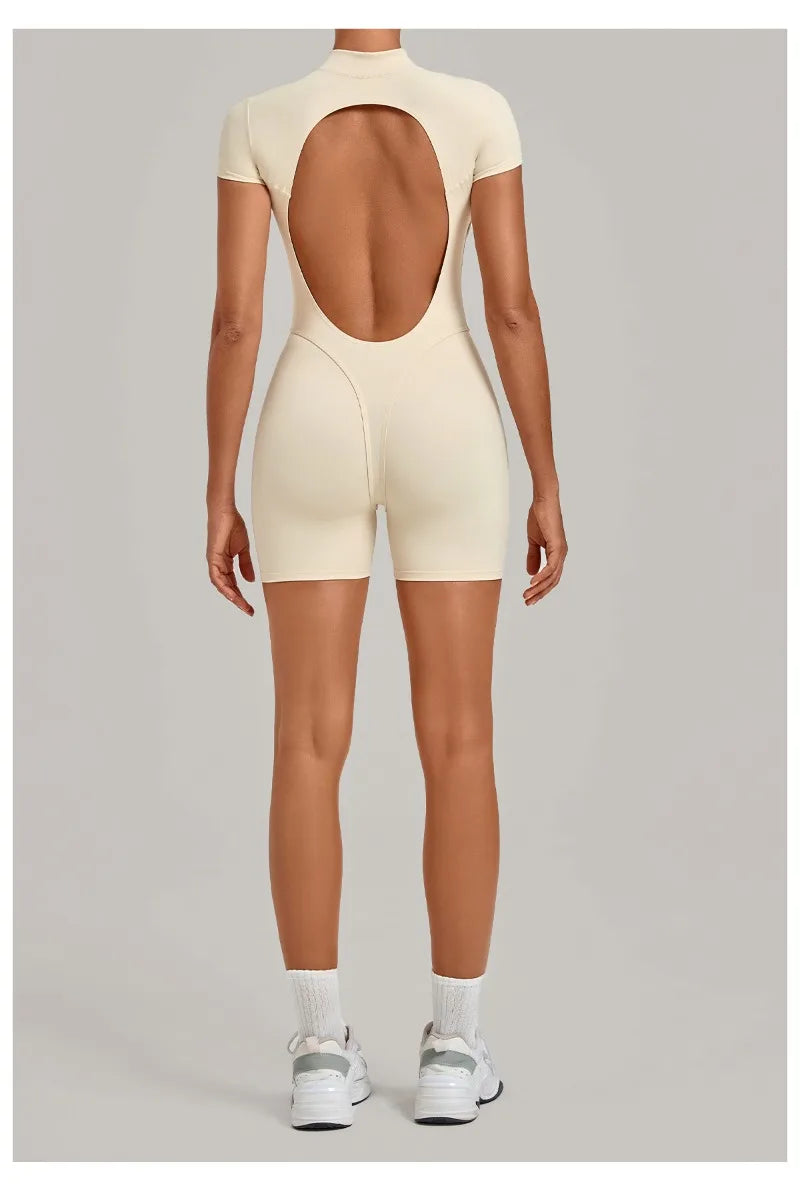 Women's Seamless Yoga Jumpsuits Sports Fitness Hip-lifting Short-sleeved Backless Training Workout Gym Shorts One-piece