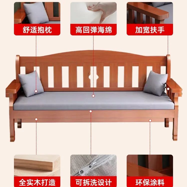 Solid wood sofa new Chinese combination wooden sofa rental room backrest bench economical living room small apartment sofa