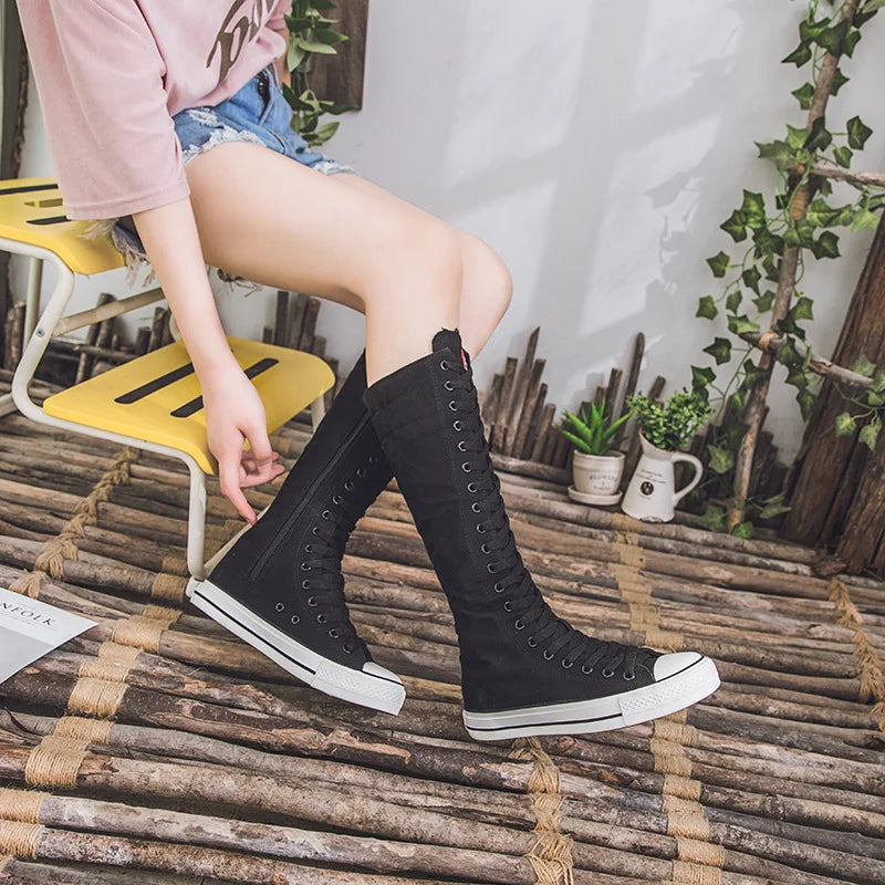 Spring Autumn Women Shoes Canvas Casual High Top Shoes Long Boots Lace-Up Zipper Comfortable Flat Boots Sneakers 34-43