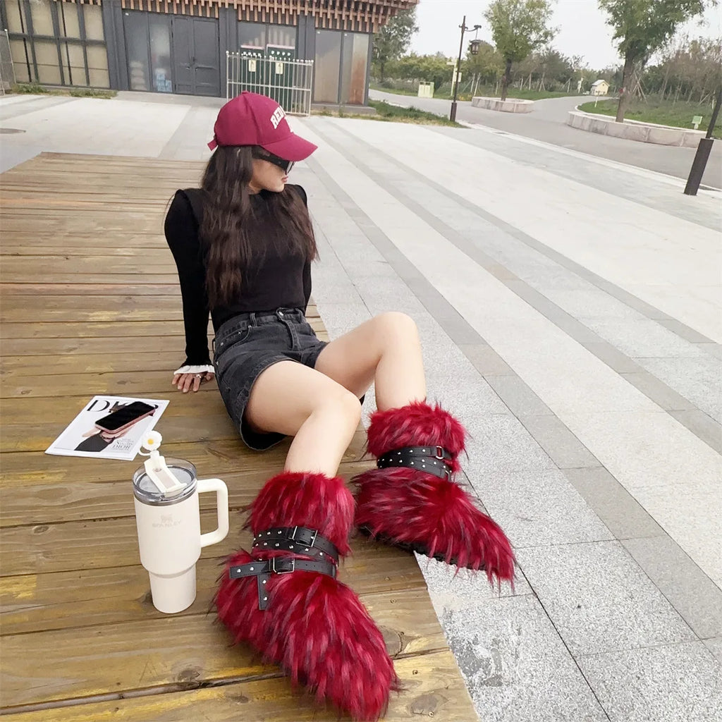 Winter Fur New Design Onepiece Raccoon FurFemale Snow Boots Fur shoes OutdoorMid Leg Boots y2k Cool Pink Girl
