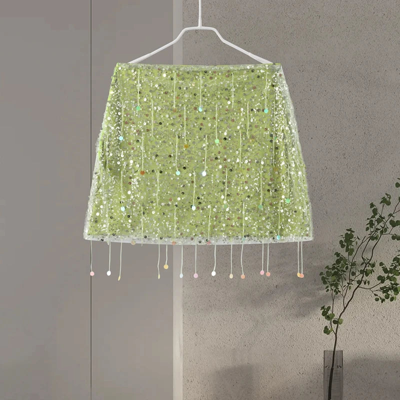 Sexy Tassel Sequins Vest Mini Skirt Women Crop Sling Vests Short Hip Package A-line Skirts 2026 Summer Lady Beach Party Outfits