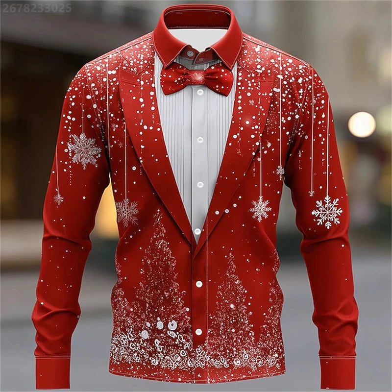 Red Christmas Shirts For Man Snowflake Bow Tie Christmas Shirt Long Sleeve Fashion Holiday Gift Shirt Oversized Mens Clothing