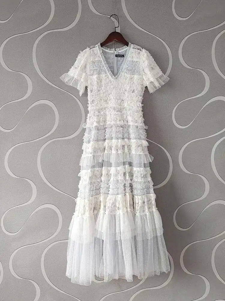 Eshin Elegant Midi Dress Short Sleeve Summer Spring New Fashion Design Women Runway Mesh Ruffles V-Neck Party High Street TH6731
