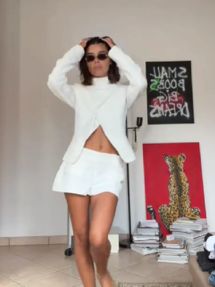 2026 New Women's 2 Piece Set High Neck Long Sleeve Twisted Cut Out Top + Shorts Suit Elegant Casual Office Streetwear Outfit