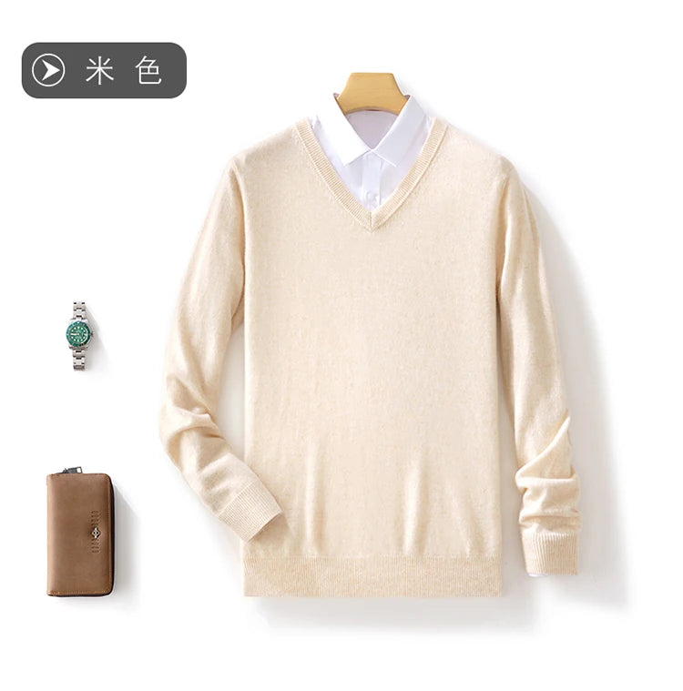 100% Merino Wool Men's V-Neck Pullover Autumn and Winter Basic Knit Versatile Sweater Casual Long Sleeve Shirt Cashmere Man Top
