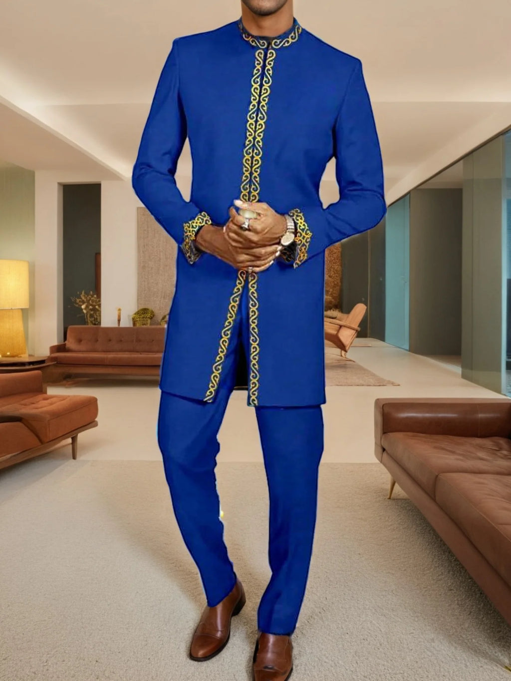 Kaftan Elegant Men's Suit Long Sleeve Ethnic Style Casual EmbroideryTop And Pants 2PCS Sets African Fashion Traditional Outfits