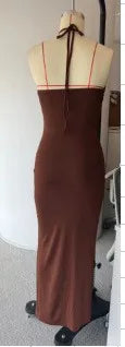 Women's Elegant Party Summer Sleeveless Halter Neck High Waist Pencil Dress Long Backless Cross Strap with High Slit Bodycon