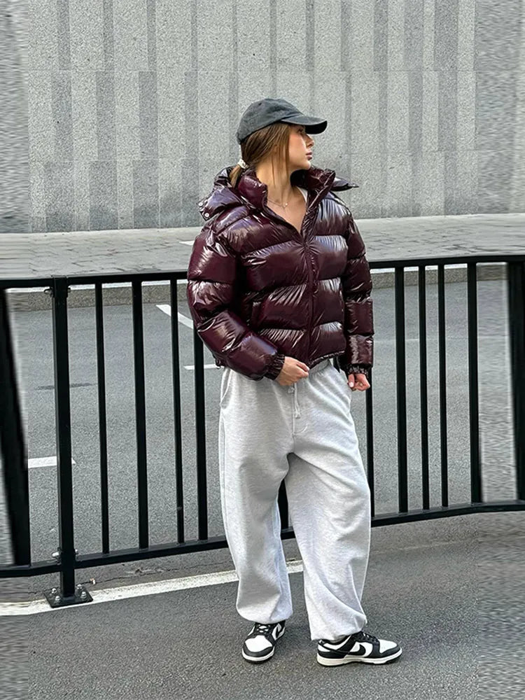 Chic Glossy Zipper Hooded Coat Women's Warm Elastic Waist Pleated Cropped Puffer Jacket 2026 Winter New Lady High Street Outwear