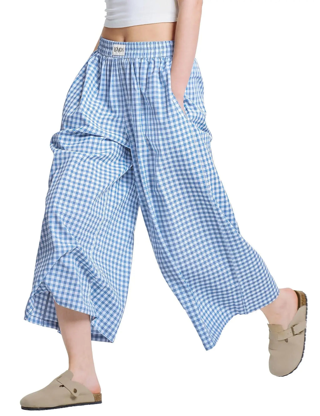 Women's Casual Plaid Wide Leg Pants Summer New Loose Slimming Lazy Long Trousers Comfortable Loose Fit High Waist Pants 2025