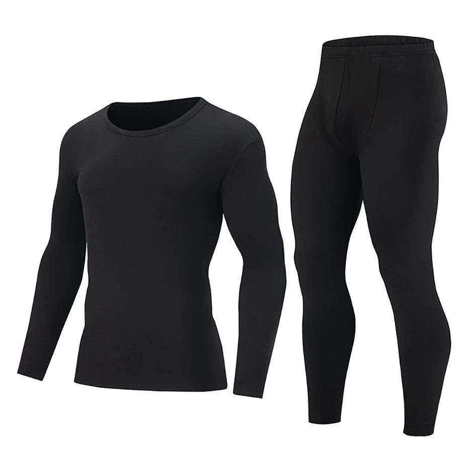2-piece Men's Autumn/Winter Black Fashionable Versatile Warm Base Set Youth Round Neck Long Sleeved T-shirt Elastic Waisted Pant