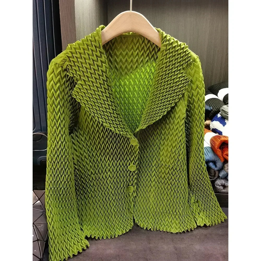 Pleats Original High-end Simple Solid Wave Pleated Small Suit Casual Versatile Long-sleeved Short Jacket Female Spring New