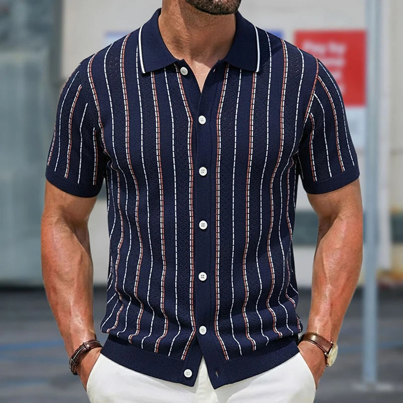 Summer Men Knitted Cardigan Polo Shirts Short Sleeve Striped Jacquarded Business Shirts American Retro Premium Quality Knitwear