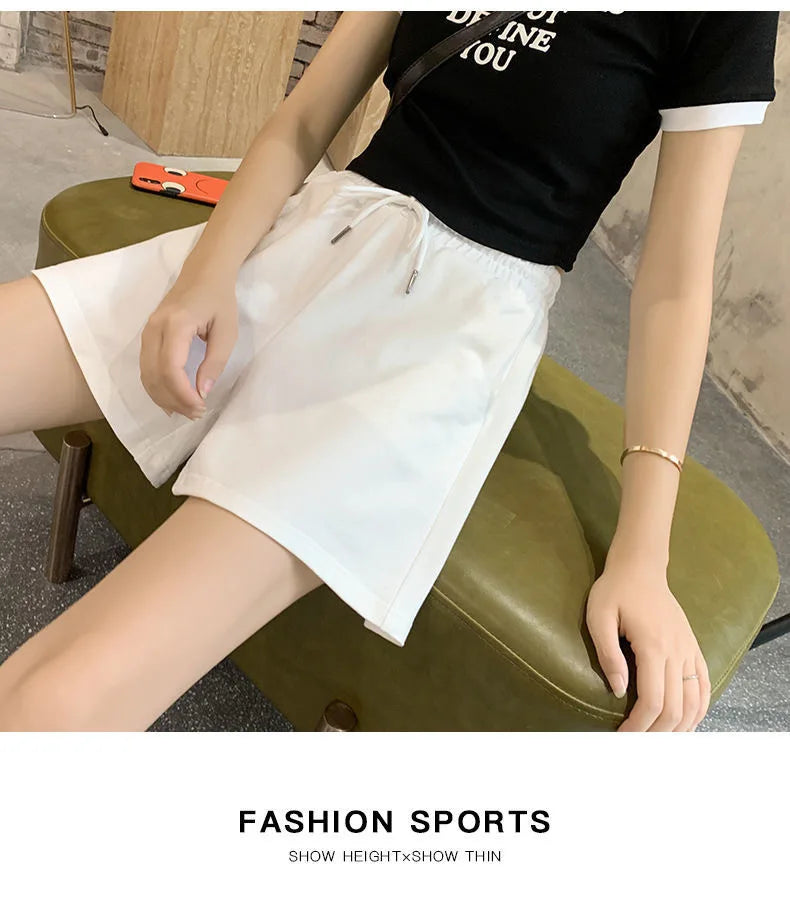 New Arrival Summer Women Casual Shorts High Waist Loose Fit Drawstring Waist Solid Color Hot Pants