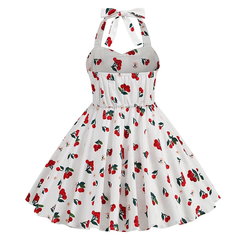Kids Girls Vintage Halterneck Dress Polka Dots Cherry Strawberry Daily Birthday Party 1950s Swing Dress Summer Princess Dress