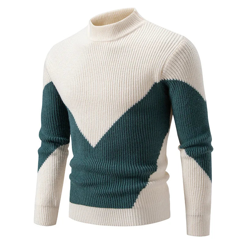 High Quality Men's New Autumn Winter Sweaters Casual Warm Mock Neck Pullovers Trend Color Blocking Design Men Sweaters Knit Tops