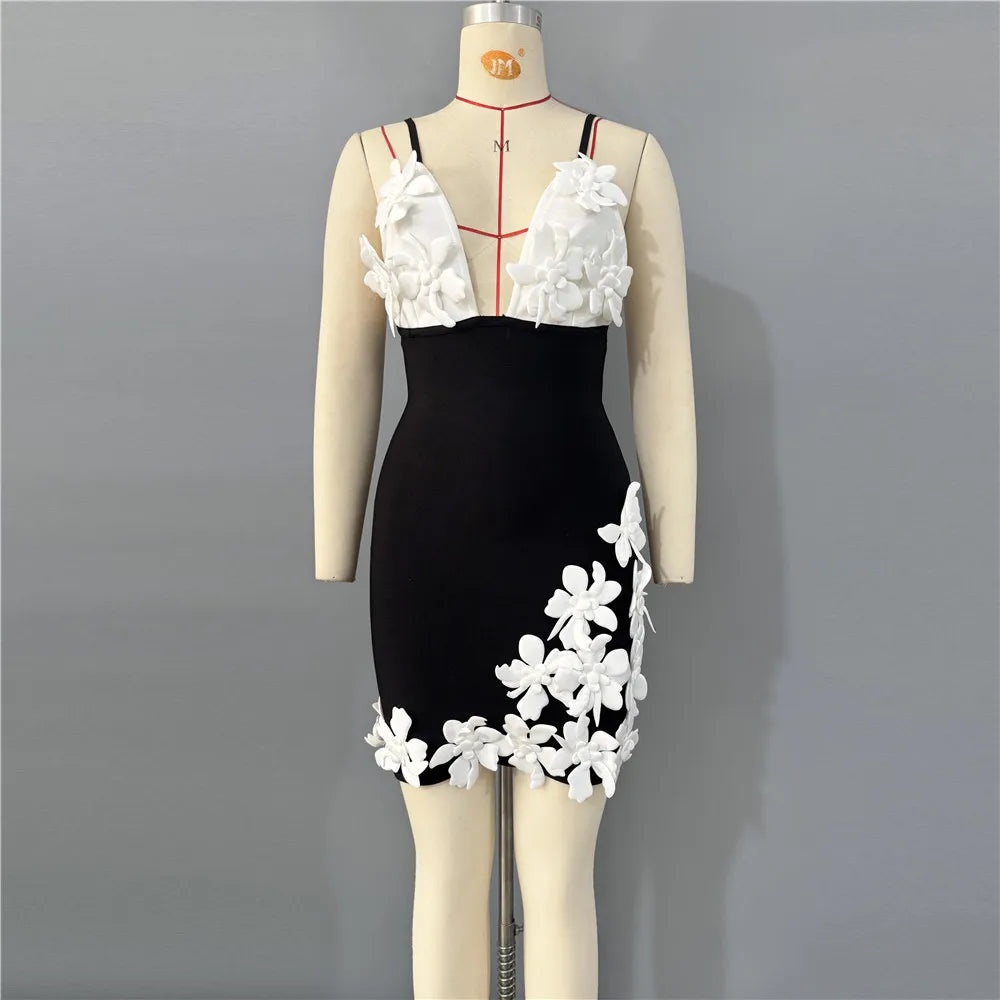 Women Simple 3D Floral Appliques Spaghetti Strap Bandage Dresses Deep V-Neck Backless Club Party Mini Dress
