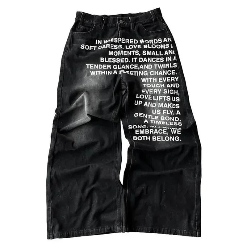 Trendy Jeans American Fashion High Street Trousers Letter Printed Pattern Wide Leg Y2K Men's Retro Gothic Casual Pants