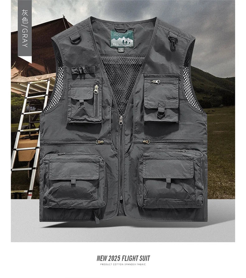Mesh Men's Fishing Vest Multi Zip Pocket Hiking Waistcoat Male Light Thin Outdoor Sleeveless Jacket Work Summer Travel Plus Size