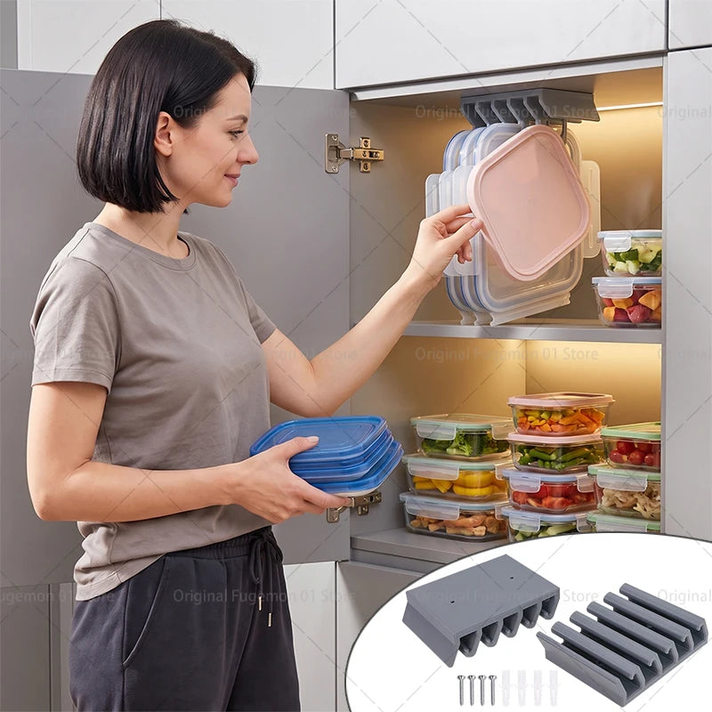 2/10pcs Kitchen Under Cabinet Hanging Organizer Rack for Silicone Bento Stackable Food Storage Box Rack Organizer Lid Holder
